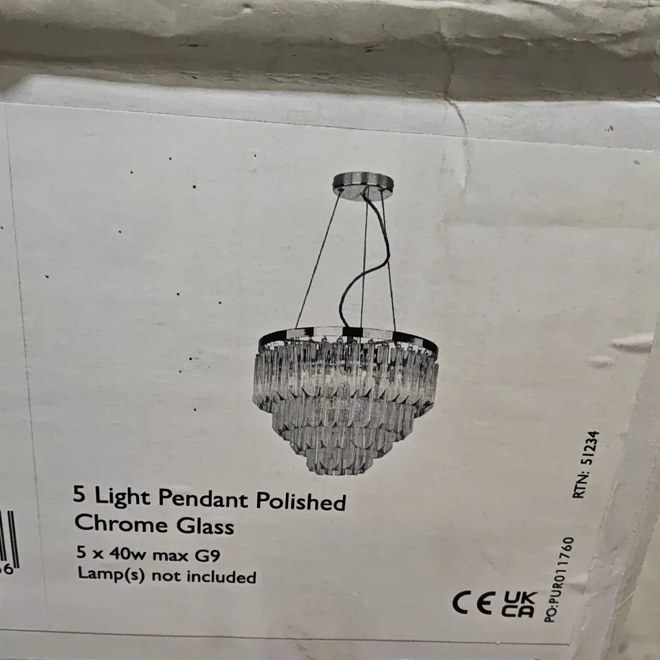 BOXED DAR FAME 5-LIGHT PENDANT CEILING LIGHT IN POLISHED CHROME AND GLASS