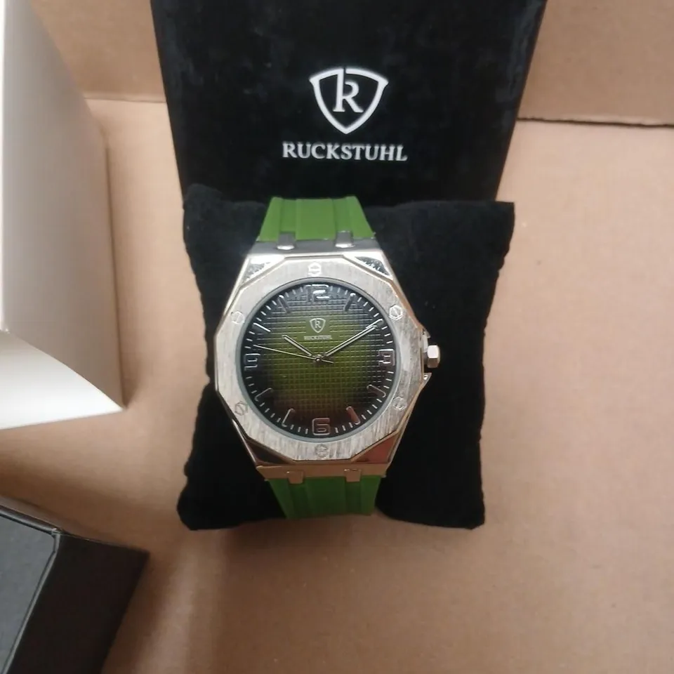 RUCKSTUHL WRISTWATCH WITH GREEN DIAL AND LIME STRAP – BOXED