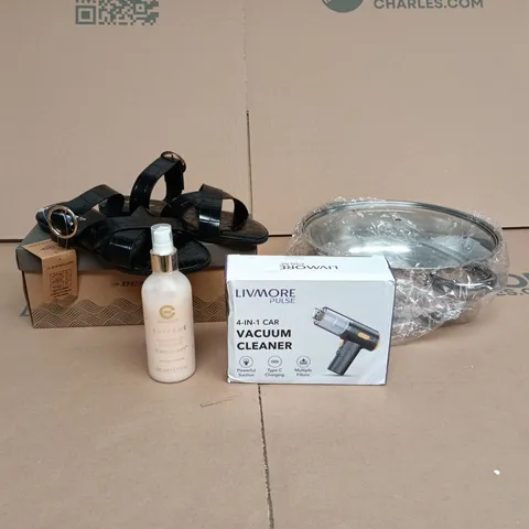BOX OF APPROXIMATELY 15 ASSORTED ITEMS TO INCLUDE DUNLOP JADE SANDALS, LUVMORE 4 IN 1 CAR VACUUM CLEANER, ELIZABETH GRANT SERUM ETC