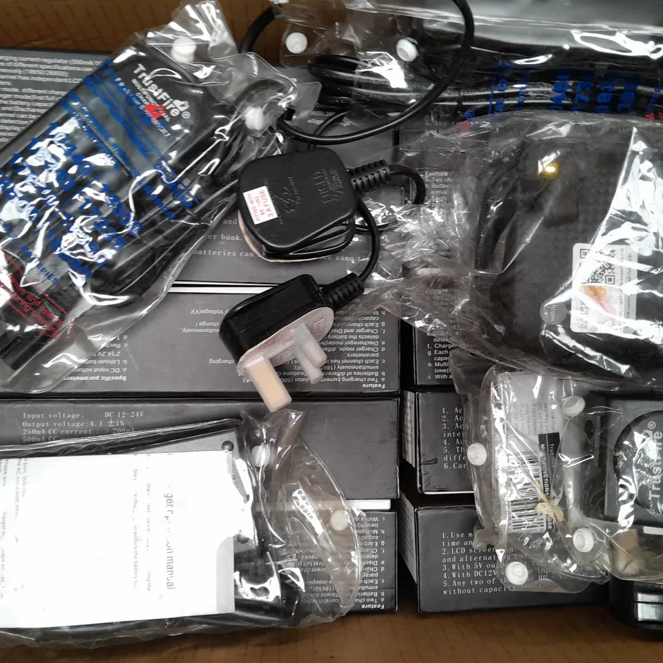 BOX OF APPROXIMATELY 10 ASSORTED BATTERY CHARGERS TO INCLUDE AWT, TRUSTFIRE, ETC - COLLECTION ONLY