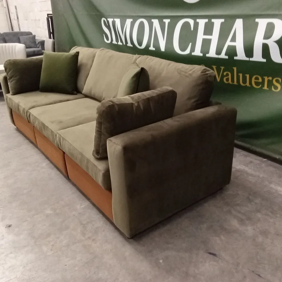 DESIGNER 3 SEATER VELVET SOFA - OLIVE GREEN/RUST