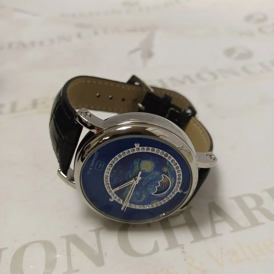 MENS ZIHLMANN & CO AUTOMATIC WATCH – Z150 – MOONPHASE DIAL – GLASS EXHIBITION BACKCASE - SILVER COLOUR CASE – BLACK LEATHER STRAP