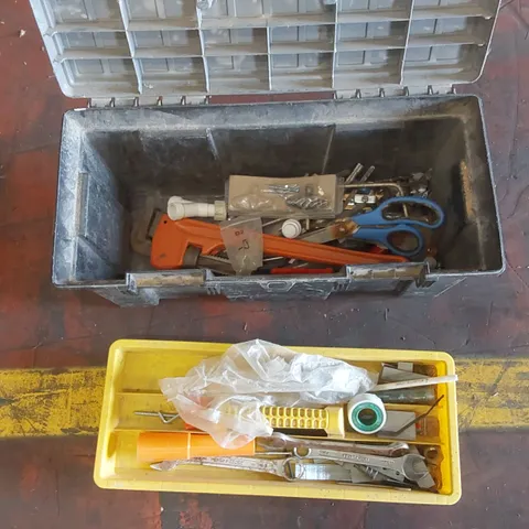 TOOL BOX FULL OF ASSORTED TOOLS AND RELATED ITEMS