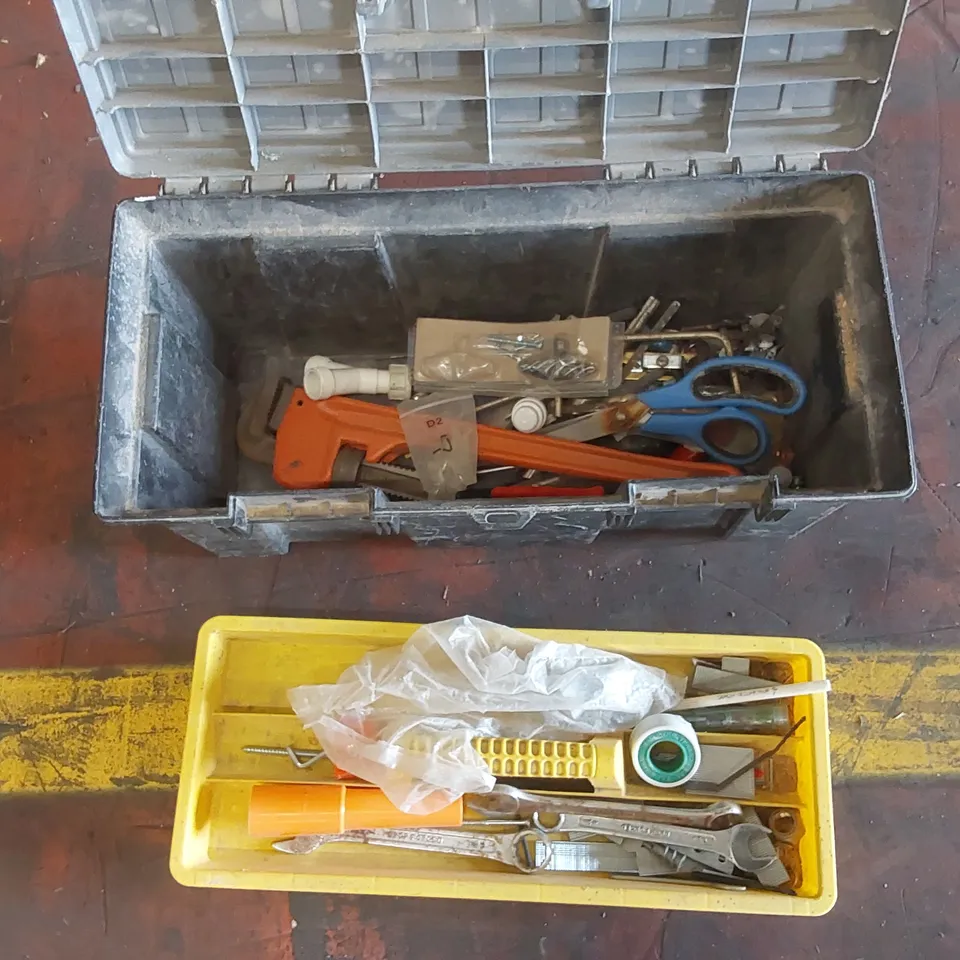 TOOL BOX FULL OF ASSORTED TOOLS AND RELATED ITEMS