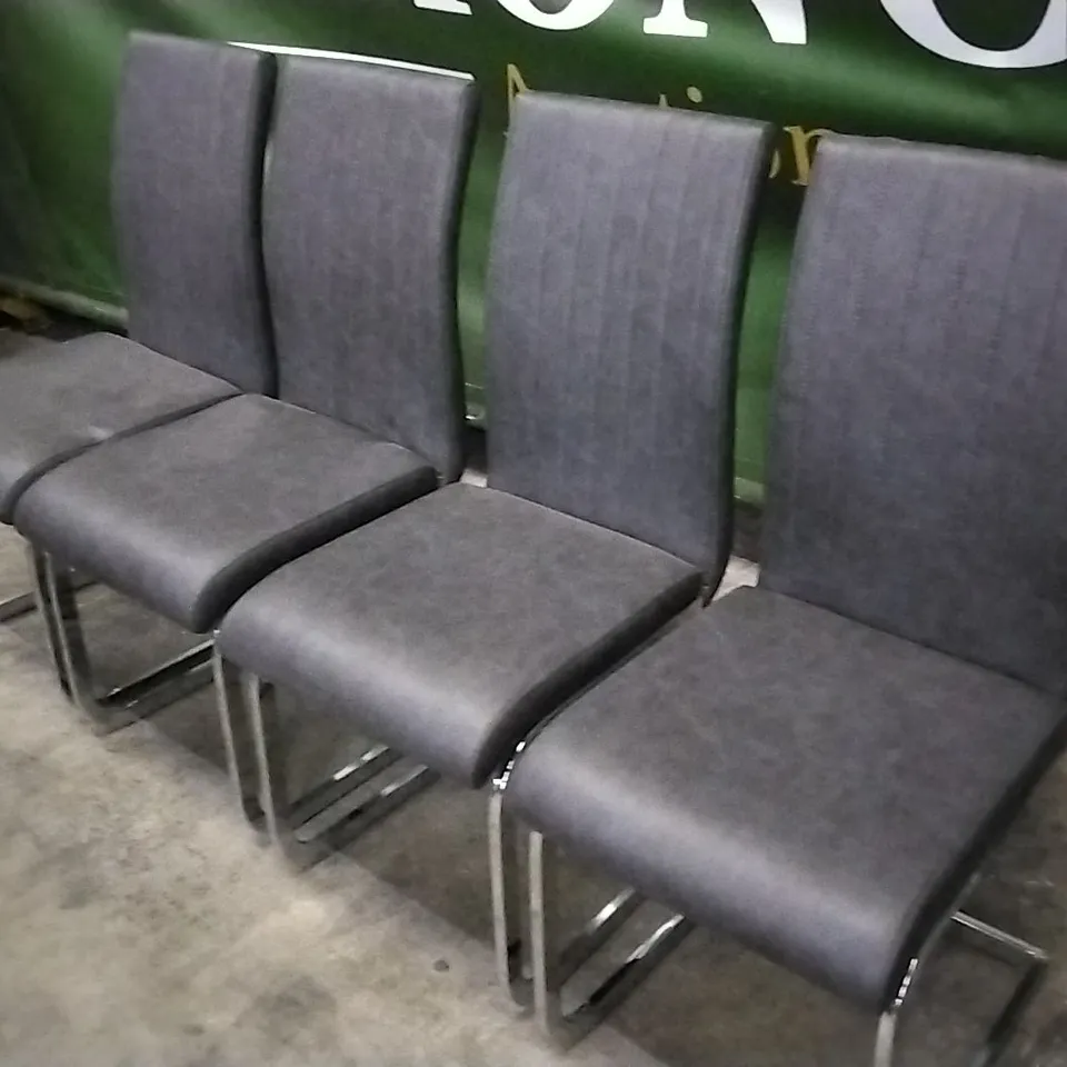 SET OF 4 CHARCOAL GREY LEATHER DINING CHAIRS WITH CHROME LEGS