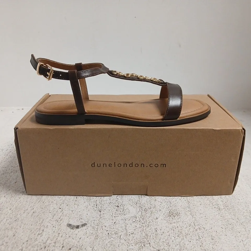 BOXED PAIR OF DUNE LONDON SANDALS IN BROWN SIZE 5