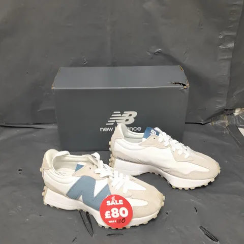 BOXED PAIR OF NEW BALANCE 327 THE INTELLIGENT CHOICE WHITE/BLUE UK 3 1/2 