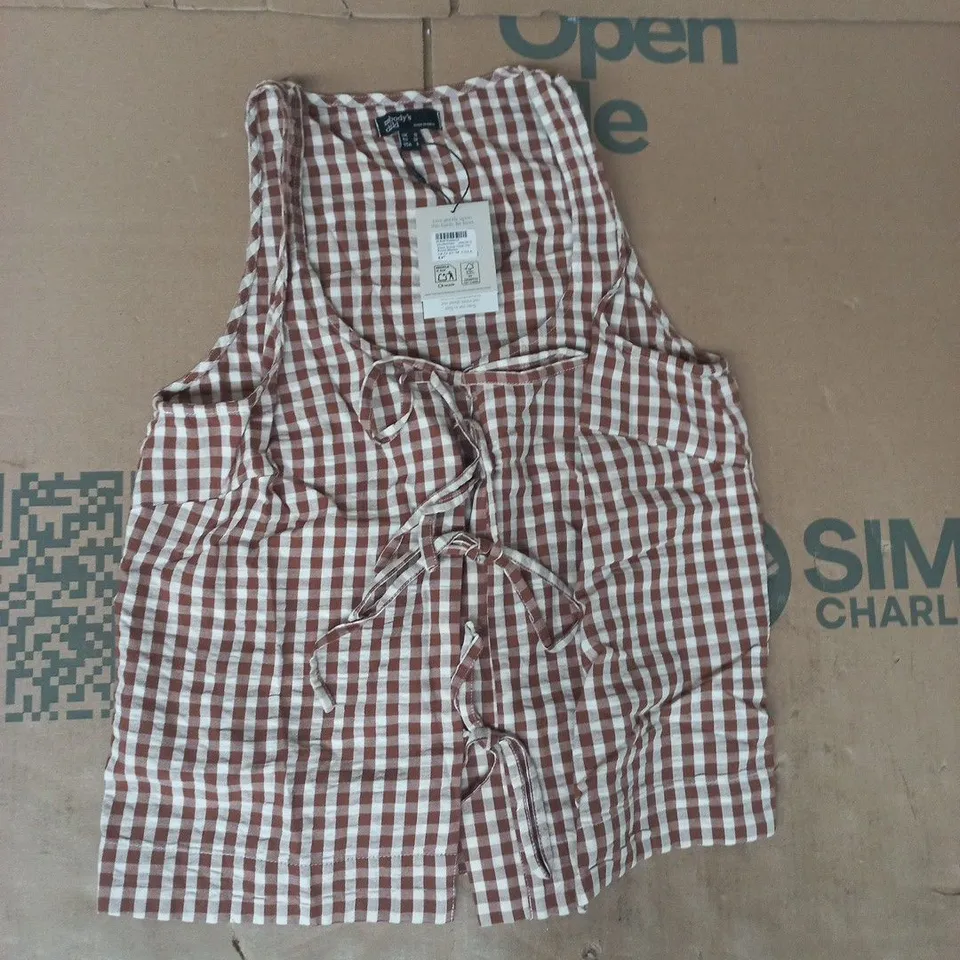 NOBODY'S CHILD THEA SCOOP NECK TIE FRONT BLOUSE IN BROWN SIZE UK 10