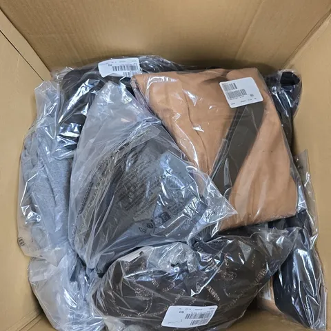 BOX OF APPROXIMATELY 15 ASSORTED CLOTHING ITEMS IN VARIOUS COLOR , SIZES AND STYLES