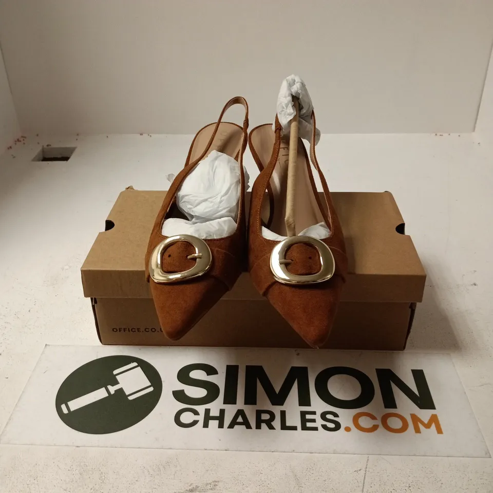 BOXED PAIR OF OFFICE POINTED STRAPPY HEELS IN LIGHT BROWN - SIZE 41