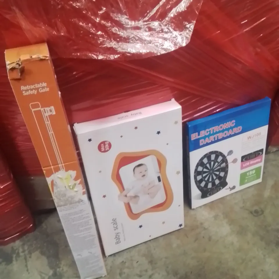 PALLET OF ASSORTED HOUSEHOLD GOODS AND PRODUCTS TO INCLUDE;ELECTRONIC DARTBOARD,RETRACTABLE SAFETY GATE,BABY SCALE