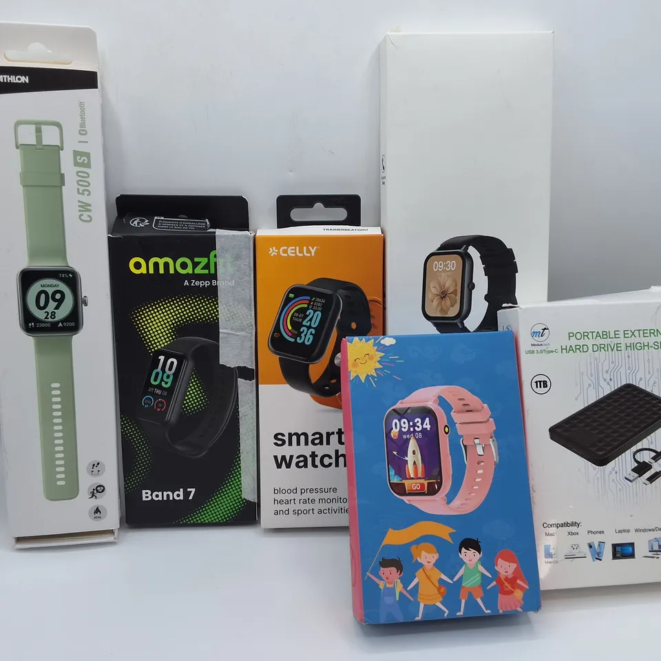 LOT OF 6 ASSORTED TECH ITEMS TO INCLUDE 1TB PORTABLE HARD DRIVE AND CELLY AND DECATHLON SMART WATCHES