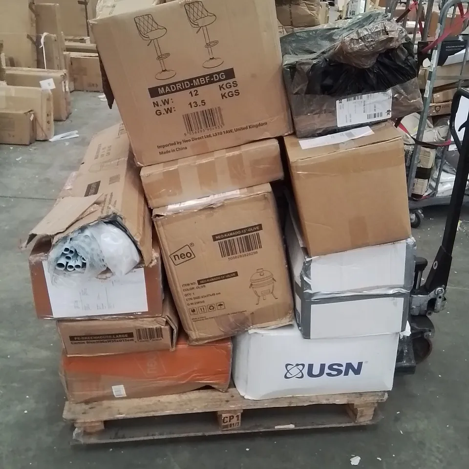PALLET OF ASSORTED HOUSEHOLD GOODS AND PRODUCTS TO INCLUDE; GARDEN TENT, OUTDOOR LOG BURNER GREENHOUSE ETC