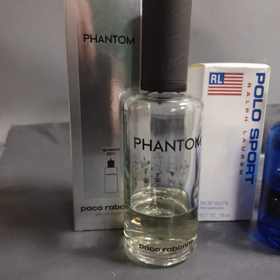 LOT OF 7 ASSORTED FRAGRANCE ITEMS TO INCLUDE POLO SPORT, PHANTOM, MON PARIS YVES SAINT LAURENT AND FRAGRANCED CANDLE