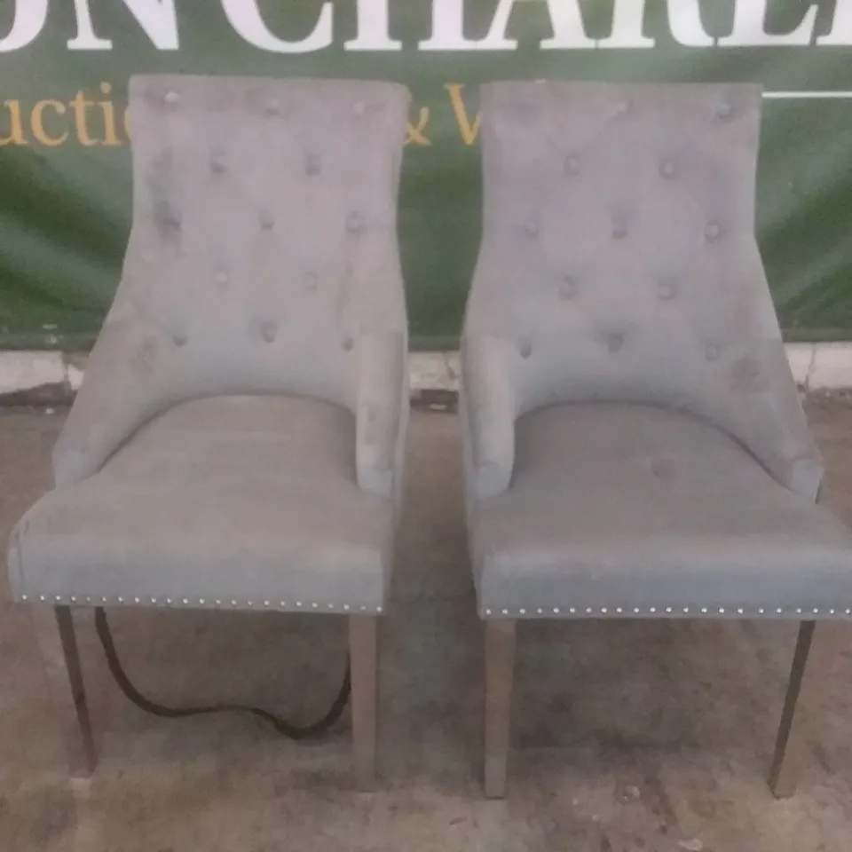 SET OF 2 DESIGNER DUKE GREY VELVET BUTTON BACK DINING CHAIR (CHROME LEG)