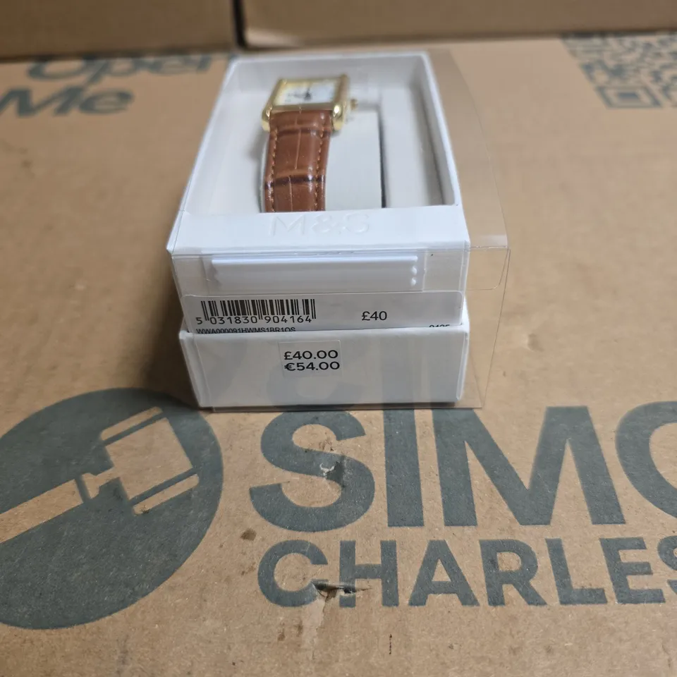 M&S LADIES' RECTANGULAR GOLD-TONE WRISTWATCH WITH BROWN LEATHER STRAP RRP £40