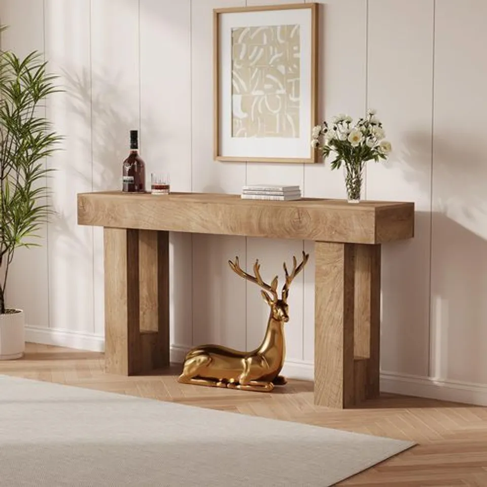 BOXED GARVEE 63" FARMHOUSE MINIMALIST CONSOLE TABLE IN T-SHAPED DESIGN WITH OPEN SHELVES FOR ENTRYWAY AND LIVING ROOM, NATURAL - NATURA