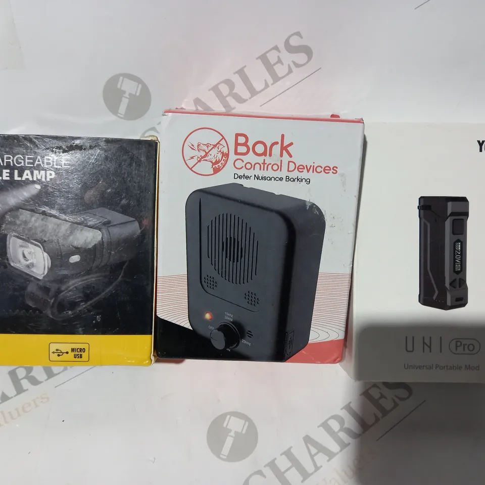 BOX OF APPROXIMATELY 10 ASSORTED HOUSEHOLD ITEMS TO INCLUDE YOCAN UNIPRO, BARK CONTROL DEVICE, RECHARGEABLE BICYCLE LAMP, ETC