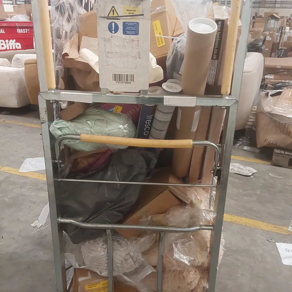 CAGE CONTAINING A LARGE QUANTITY OF ASSORTED ITEMS INCLUDING: PAINTING, THROW, TOWELS, PILLOWS ECT // CAGE NOT INCLUDED