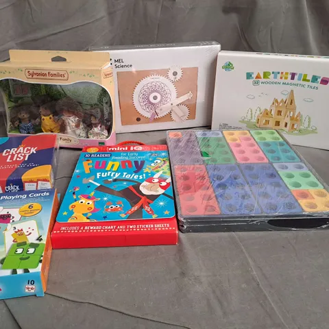 7 ASSORTED ITEMS TO INCLUDE: CRACK LIST, NUMBER BLOCKS PLAYING CARDS, WOODEN MAGNETIC TILES, FUNNY FURRY TALES ETC