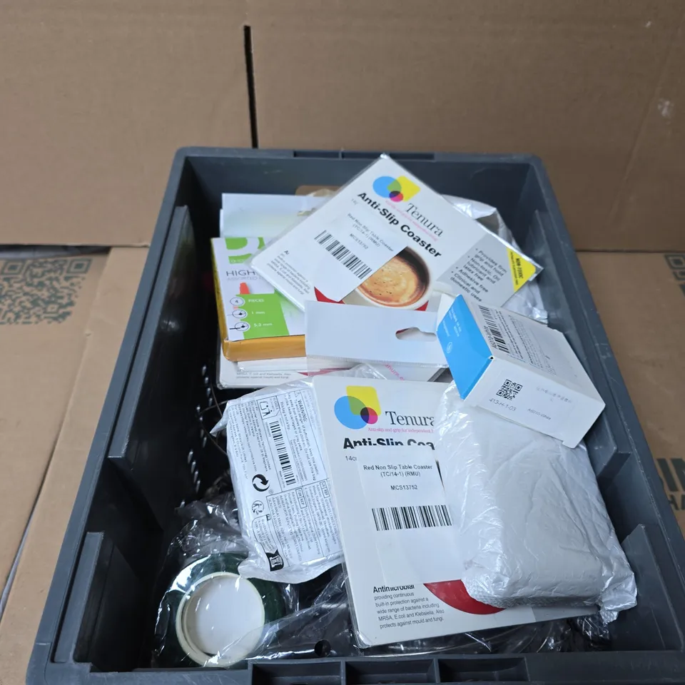 APPROXIMATELY 20 ASSORTED HOUSEHOLD ITEMS INCLUDING TENURA ANTI SLIP COASTER , ASSORTED HIGHLIGHTERS AND MIXER WHISK ATTACHMENT