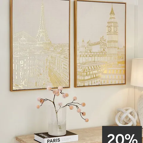 VERY HOME SET OF 2 GOLD FOIL CITY SCAPE CAPPED PRINTED CANVAS WALL ART