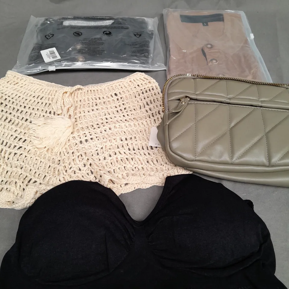 BOX OF APPROXIMATELY 25 ASSORTED CLOTHING ITEMS TO INCLUDE - SHORTS , BAG , POLO SHIRT ETC