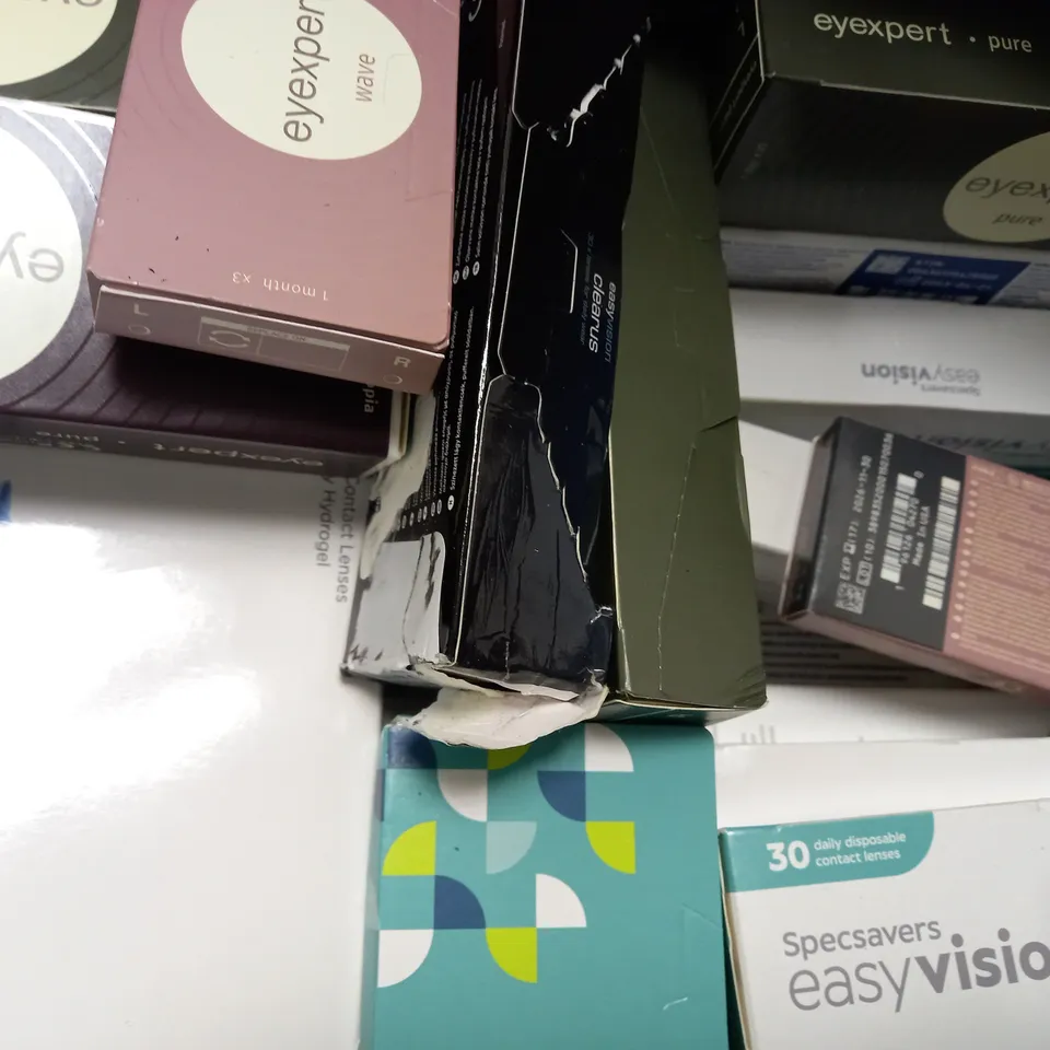 BOX OF APPROX 25 ASSORTED CONTACT LENSES AND CONTACT LENSE SOLUTIONS