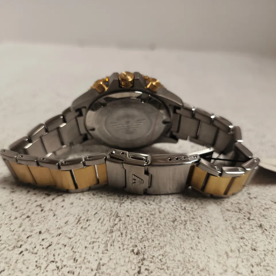 EMPORIO ARMANI CHRONOGRAPH WATCH – BLUE DIAL, TWO-TONE STEEL & GOLD BRACELET