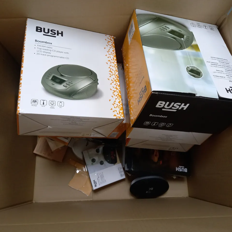 BOX OF APPROX 8 ASSORTED BUSH ITEMS TO INCLUDE - ALARM CLOCK , BOOMBOX , DAB/FM RADIO ETC