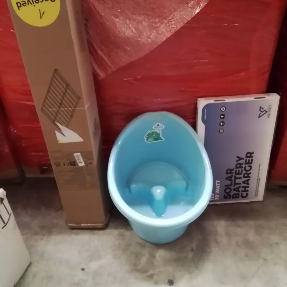PALLET OF ASSORTED HOUSEHOLD GOODS AND PRODUCTS TO INCLUDE;BED FRAME,POTTY TRAINER,SOLAR PANEL BATTERY 