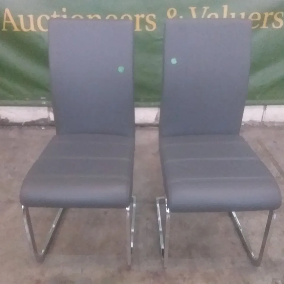 SET OF 2 DESIGNER PERTH DARK GREY LEATHER DINING CHAIRS (CHROME LEG)