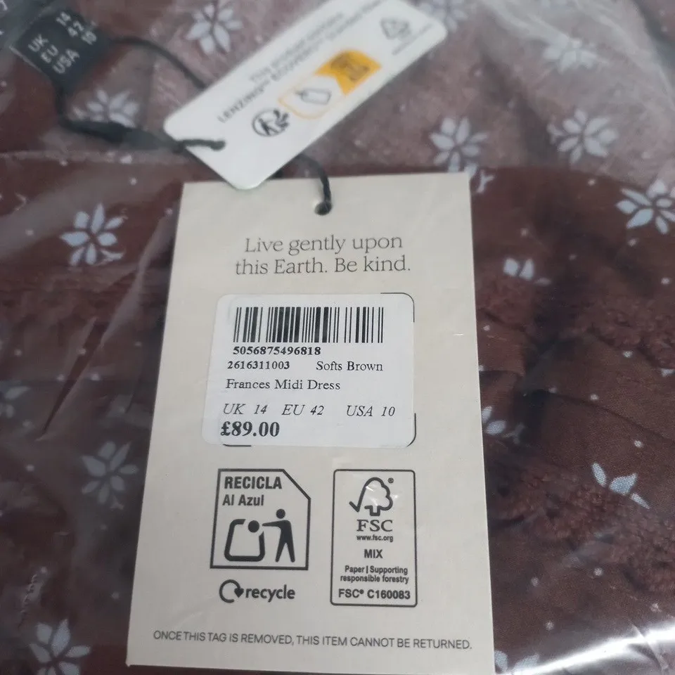 NOBODY'S CHILD FRANCES MIDI DRESS - SOFT BROWN, UK 14