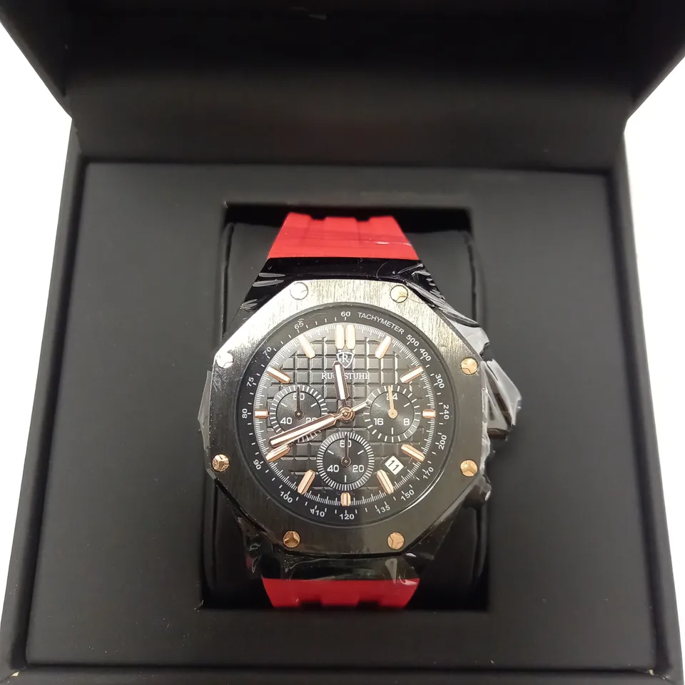 RUCKSTUHL OCTAGONAL CHRONOGRAPH STUD RED RUBBER STRAP WRISTWATCH
