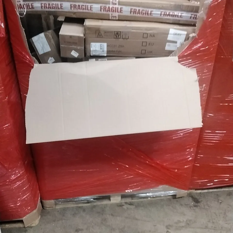 A PALLET CONTAINING ASSORTED HOUSEHOLD GOODS AND PRODUCTS TO INCLUDE;COMMODE CHAIR, WOODEN MIRROR, BOXED FURNITURE ETC