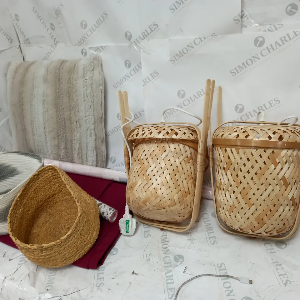 BOX OF ASSORTED ITEMS TO INCLUDE A WICKER LATTERN, A WICKER BASKET AND A SELF ADHESIVE FILM