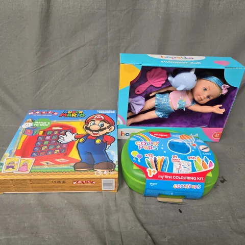LARGE BOX OF ASSORTED TOYS TO INCLUDE SUPER MARIO, COLOR PENS AND DOLLS - COLLECTION ONLY