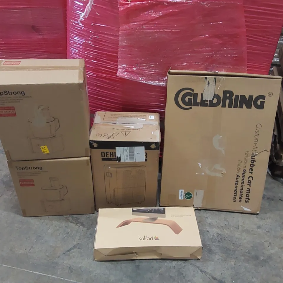 PALLET OF ASSORTED ITEMS INCLUDING: MULTIFUNCTIONAL FOOD PROCESSOR, DEHUMIDIFIER, MONITOR STAND, RUBBER CAR MATS ECT