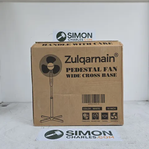 ZULQARNAIN PEDESTAL FAN – WHITE, 16-INCH, WIDE CROSS BASE, BOXED