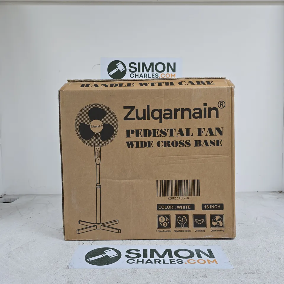 ZULQARNAIN PEDESTAL FAN – WHITE, 16-INCH, WIDE CROSS BASE, BOXED