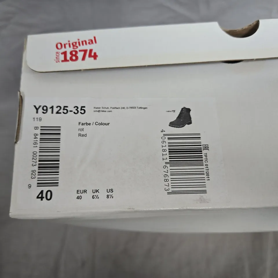 BOXED PAIR OF RIEKER BURGUNDY SUEDE ANKLE BOOTS – UK 6½ (EU 40)