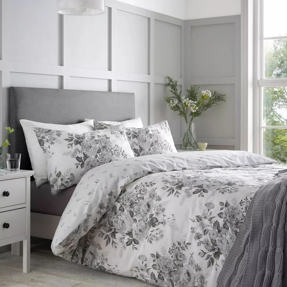 CATHERINE LANSFIELD GREY FLORAL DUVET COVER SET - KING SIZE