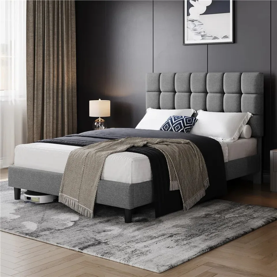 BOXED SIZE UPHOLSTERED BED FRAME WITH HEIGHT ADJUSTABLE HEADBOARD - GREY // SIZE: 150 X 200CM (2 BOXES)