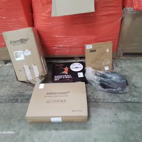 PALLET OF ASSORTED ITEMS INCLUDING: ELECTRICAL CONVERTER HEATER, MEMORY FOAM MATTRESS TOPPER, BASKETBALL HOOP & BALL SET, WOK FRYING PAN, TOILET SEAT