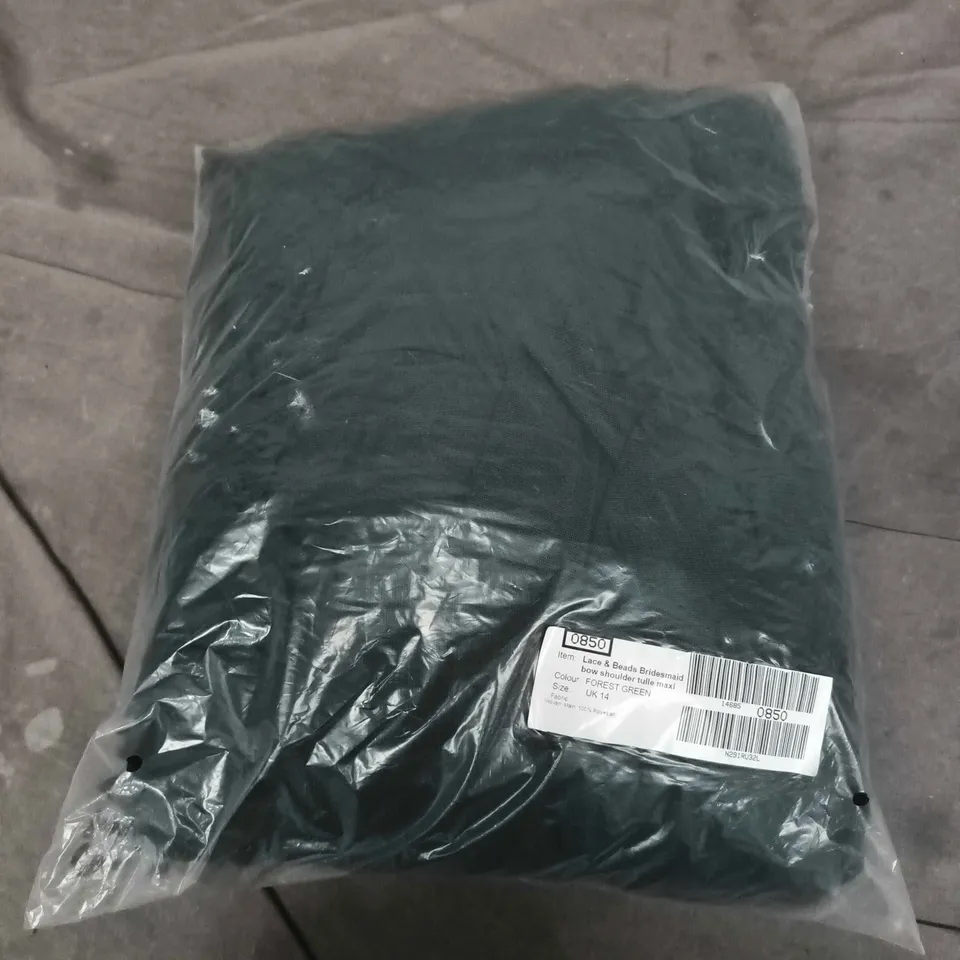 BAGGED LACE & BEADS BRIDESMAID BOW SHOULDER TULLE MAXI IN FOREST GREEN - UK 14