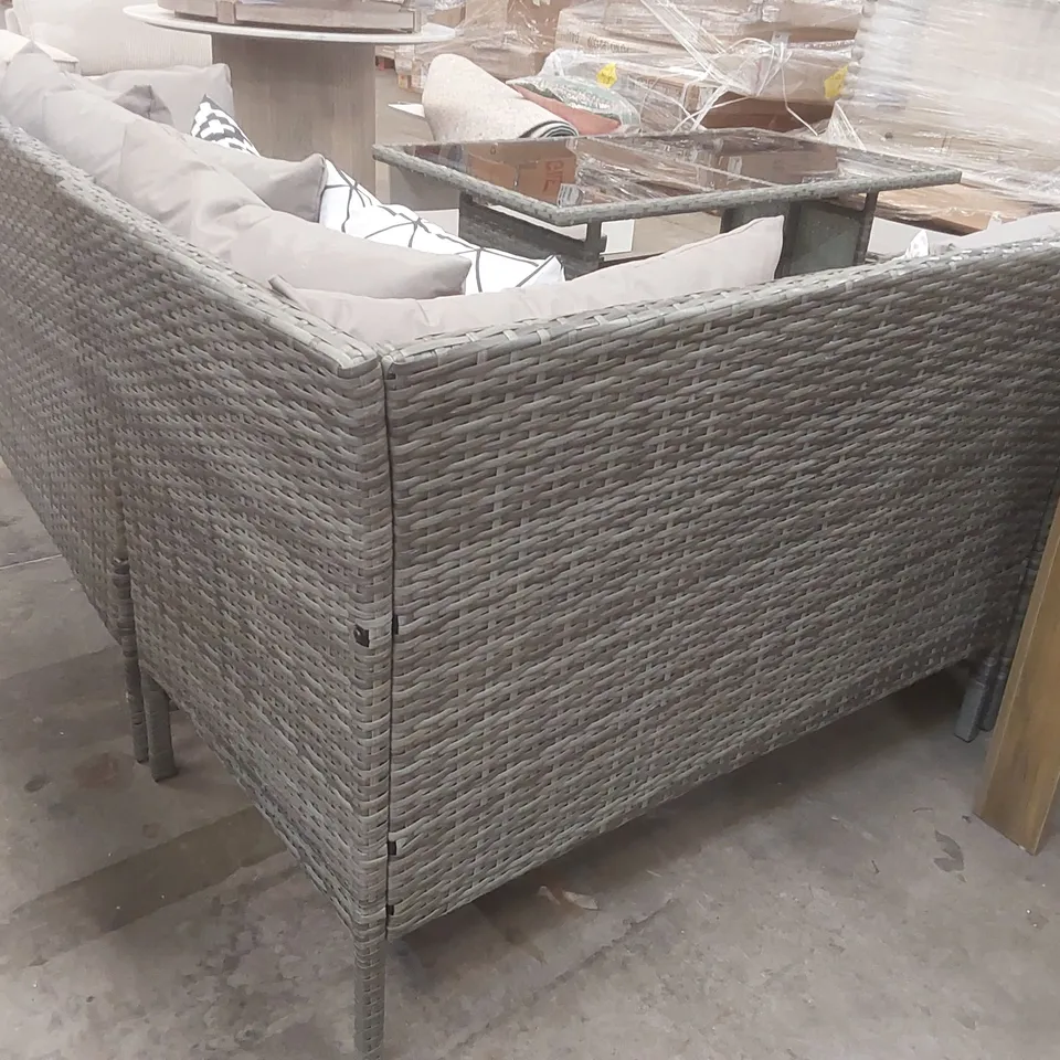 DESIGNER RATTAN CORNER SOFA WITH TABLE, STOOLS AND CUSHIONS