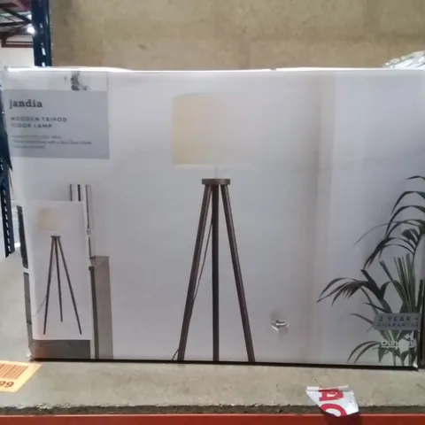 BOXED WOODEN TRIPOD FLOOR LAMP WALNUT WOOD FINISH