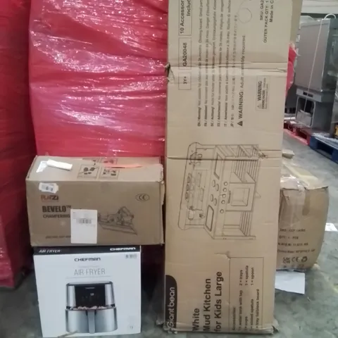 PALLET OF ASSORTED HOUSEHOLD GOODS AND PRODUCTS TO INCLUDE;AIR FRYER,TILE CHAMFERING MACHINE,WHITE MUD KITCHEN FOR KIDS