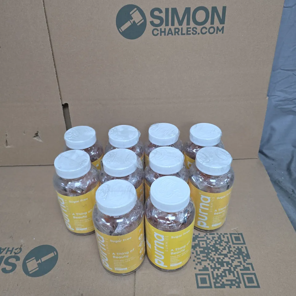 BOX OF APPROXIMATELY 10 TUBS OF PURNA GUMMIES VITAMIN C DIETARY SUPPLEMENT LEMON FLAVOUR FOR ADULTS AND KIDS 60 GUMMIES PER TUB