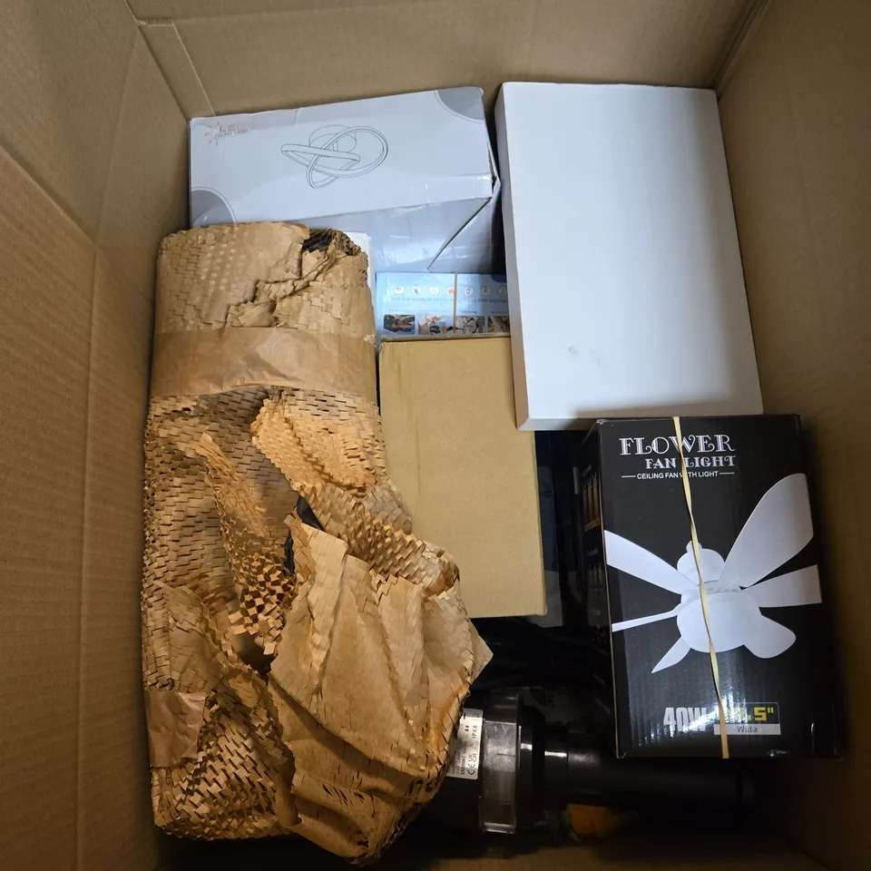 BOX OF APPROXIMATELY 10 ASSORTED ITEMS INCLUDING A WIRELESS NETWORK CAMERA, A FLOWER FAN LIGHT AND A LED CEILING LAMP